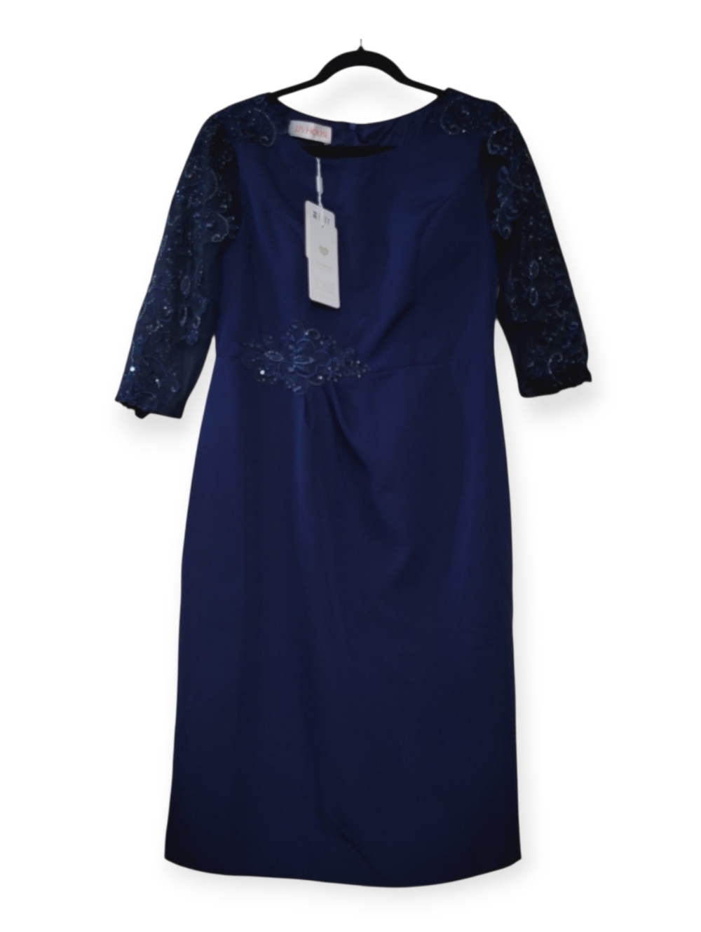 JJs House Navy Lace‎ Sequin Sheath Dress Womens 12 Wedding Guest Midi NEW